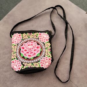 Floral Embroidered Crossbody Bag - Black and Pink